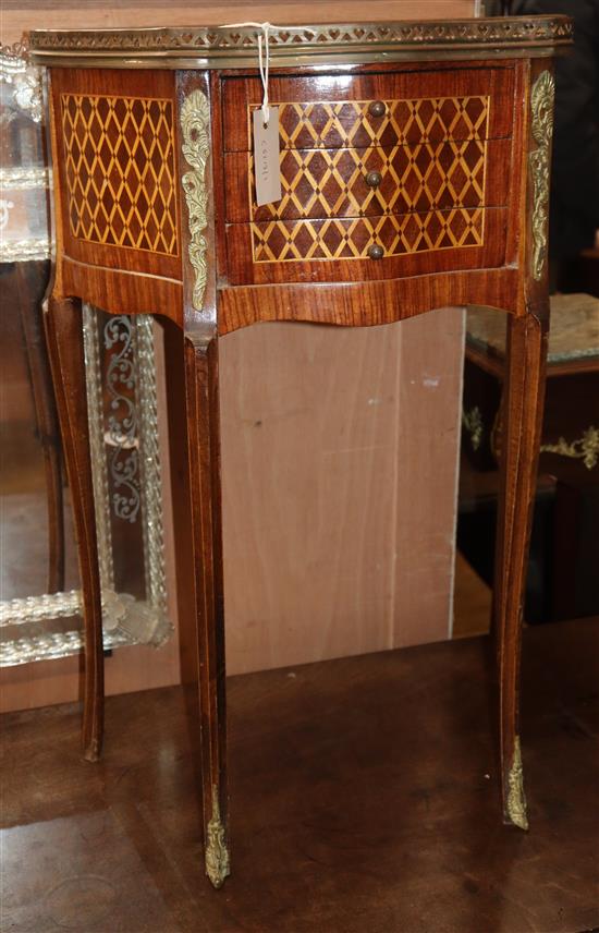 A Transitional-style parquetry inlaid serpentine front side table W.50cm